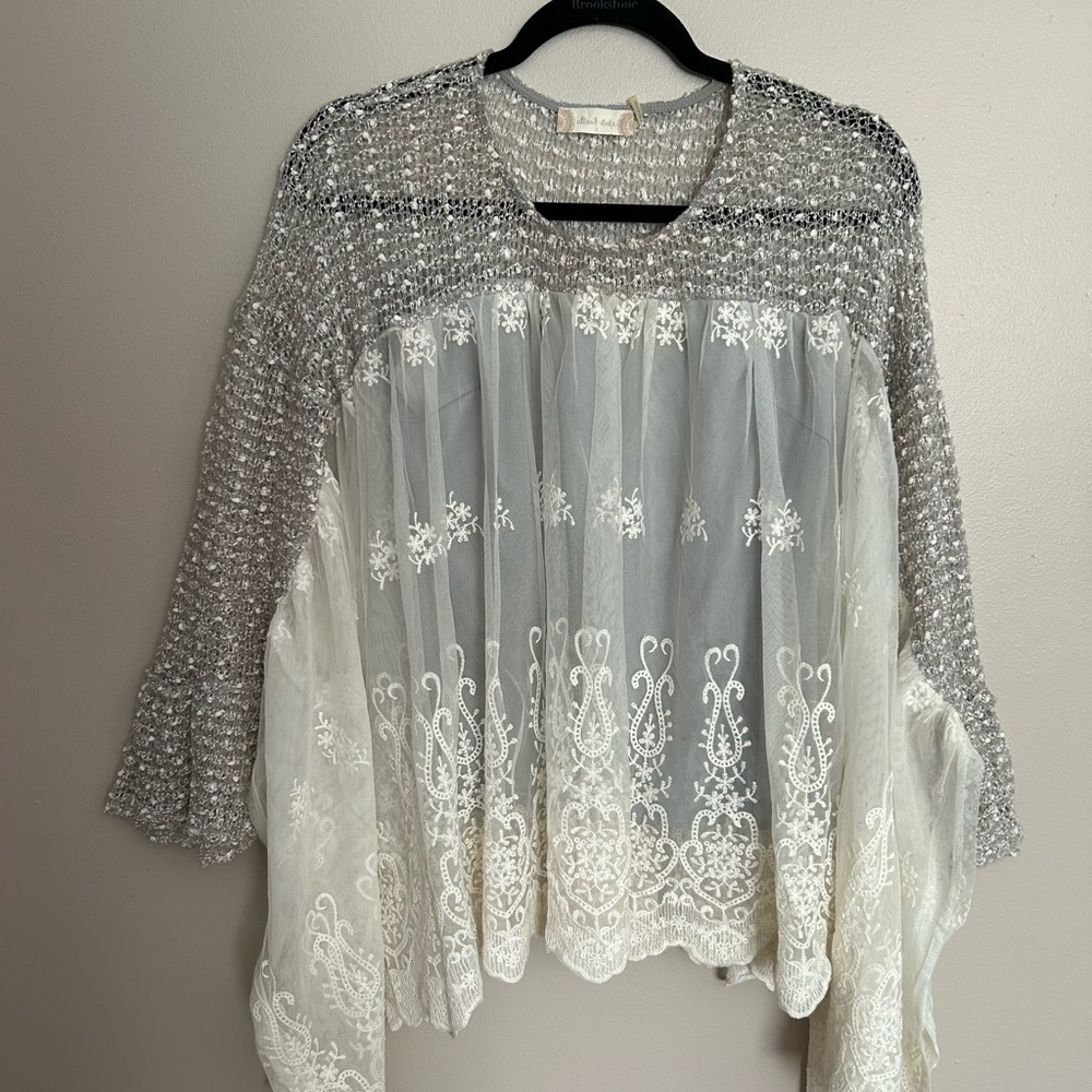 Altar'd State Gray and Cream Lace Blouse